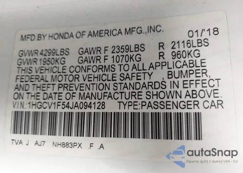 2018 Honda Accord Exl from USA, damaged, VIN 1HGCV1F54JA094128